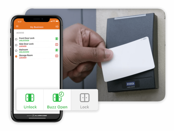 Phone app showing all access control points and a hand using a card reader